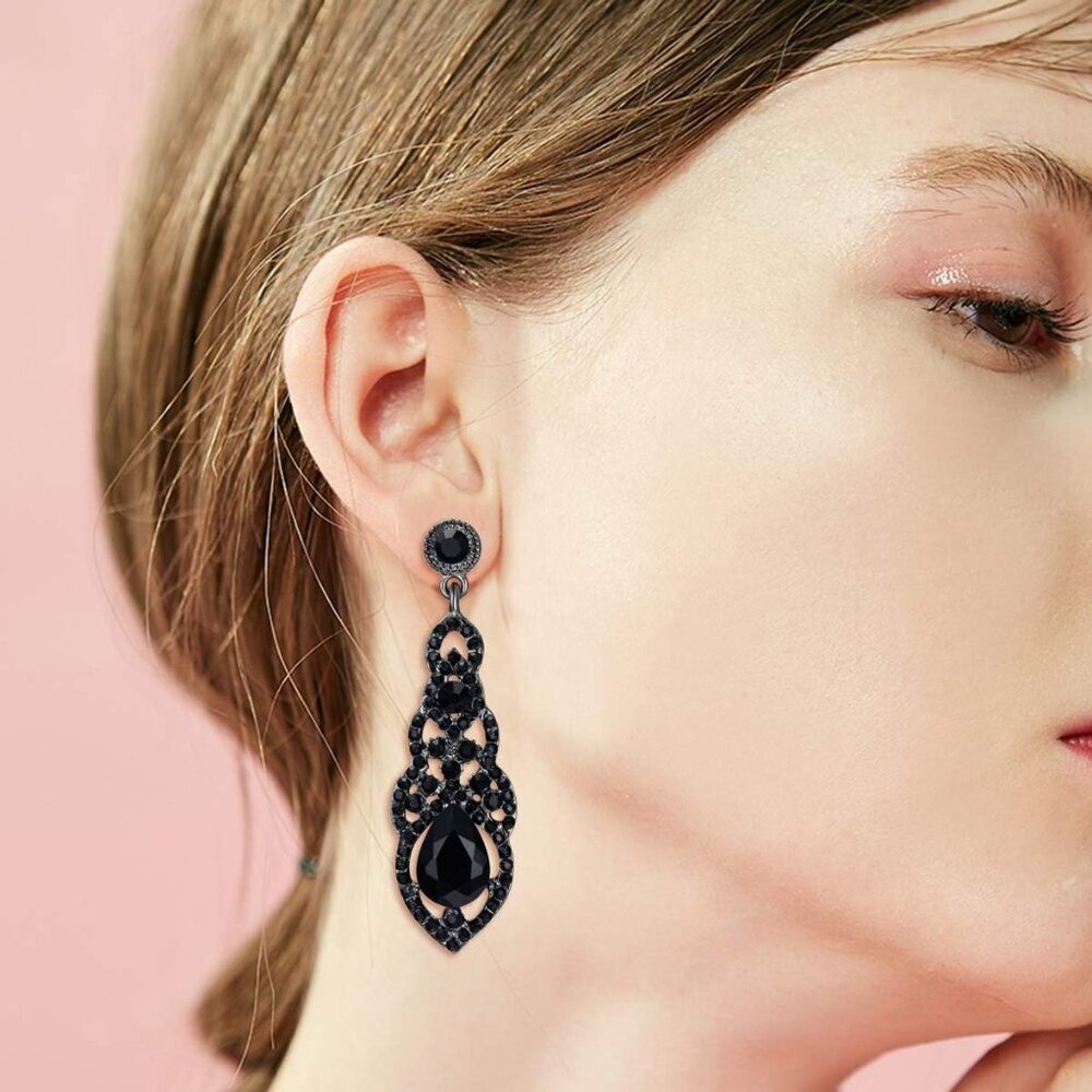 Women's Black-tone Crystal Art Deco Dangle Earrings, Bridal, Chandelier, 2.3-inc - Picture 3 of 6